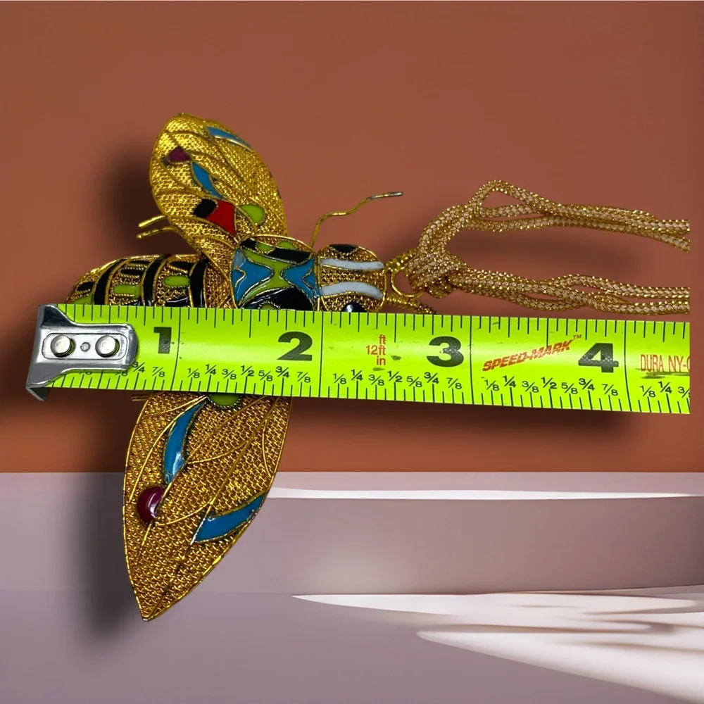 Vintage 1980's Kubla Enamel Crafts Moth Insect Gold Tone Mesh Cloisonne Necklace